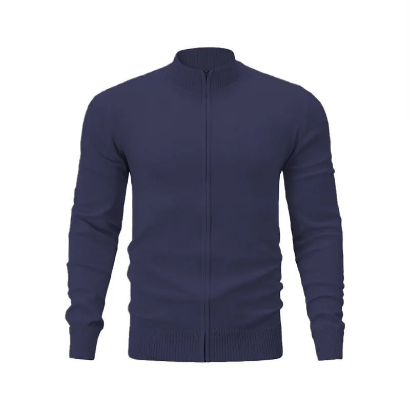 Cotton stand collar zipper sweater in a solid colour on a hanger.