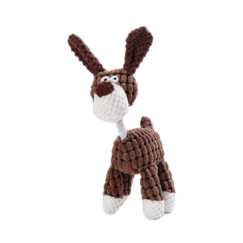 Assortment of bite-resistant plush pet toys including donkey, duck, elephant, and dog styles for puppy chewing.