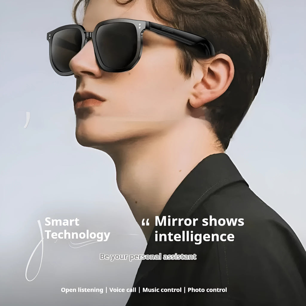 Black AI smart glasses with Bluetooth audio call functionality and UV protection sunglasses