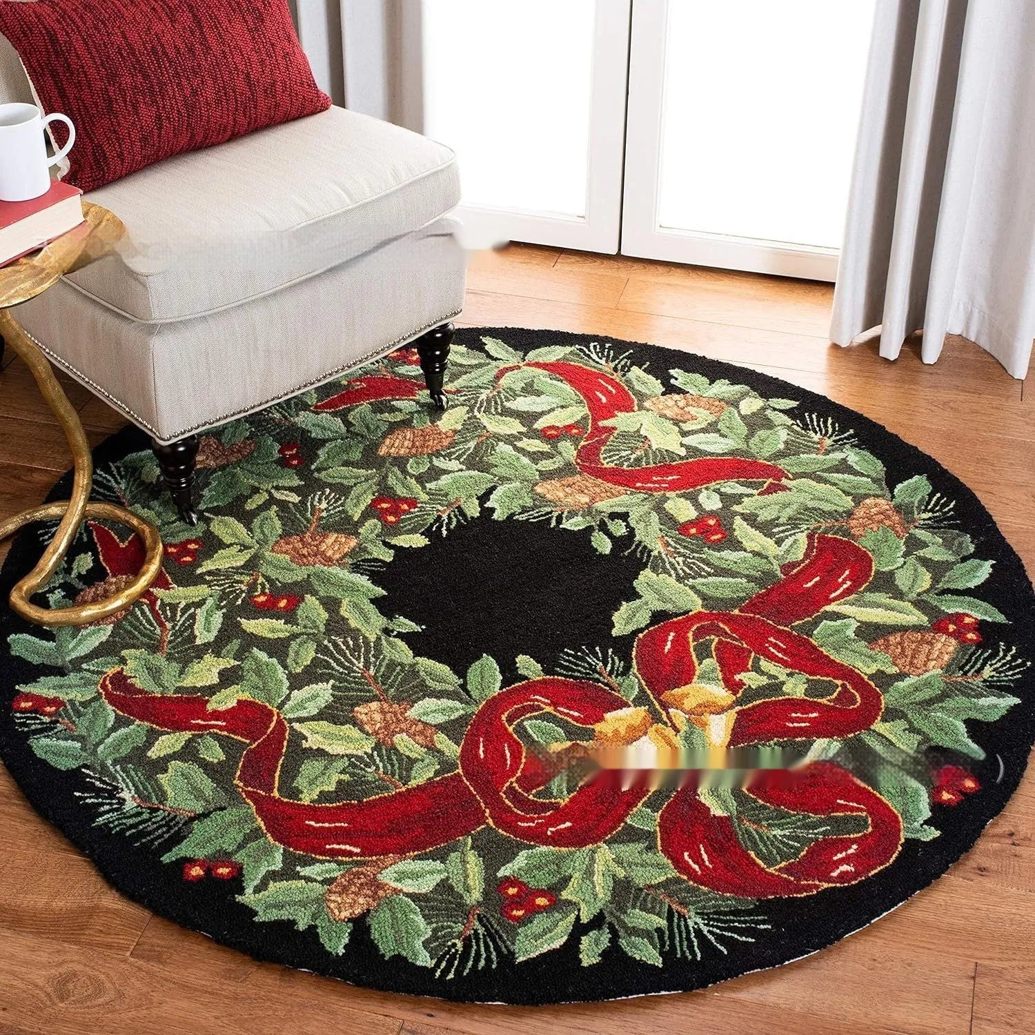 Round Christmas design polyester fibre carpet rug in choice of 60cm or 80cm square size