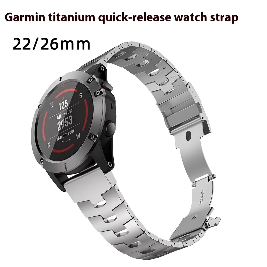 Garmin Fenix compatible watch strap shown in black, silver, and titanium colours for 22mm and 26mm widths.