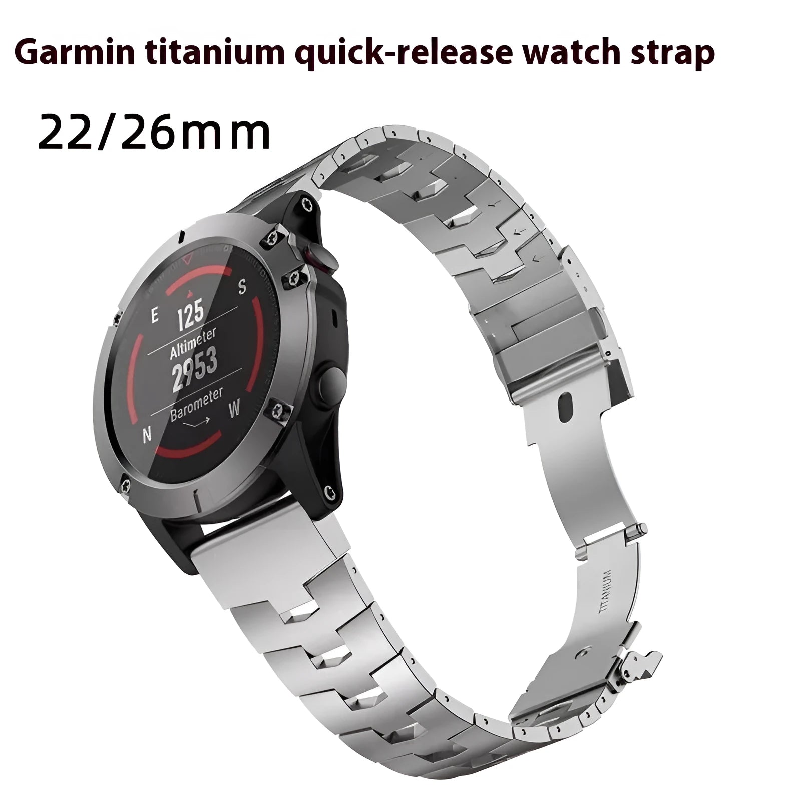 Garmin Fenix compatible watch strap shown in black, silver, and titanium colours for 22mm and 26mm widths.