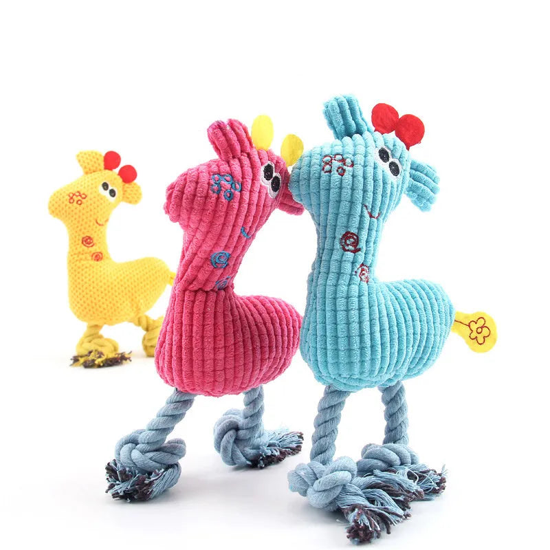 Blue deer-shaped plush dog toy with corn grain texture and sound feature