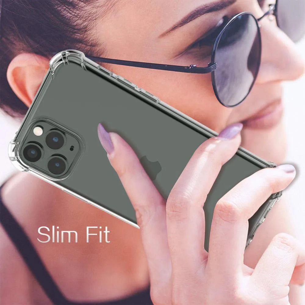 Transparent shockproof TPU phone case for Apple iPhone models showing clear back and sides.