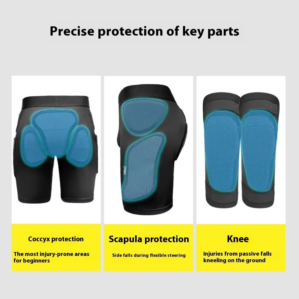 X-ray diffraction ski protective gear set showing hip pads and knee pads for winter sports