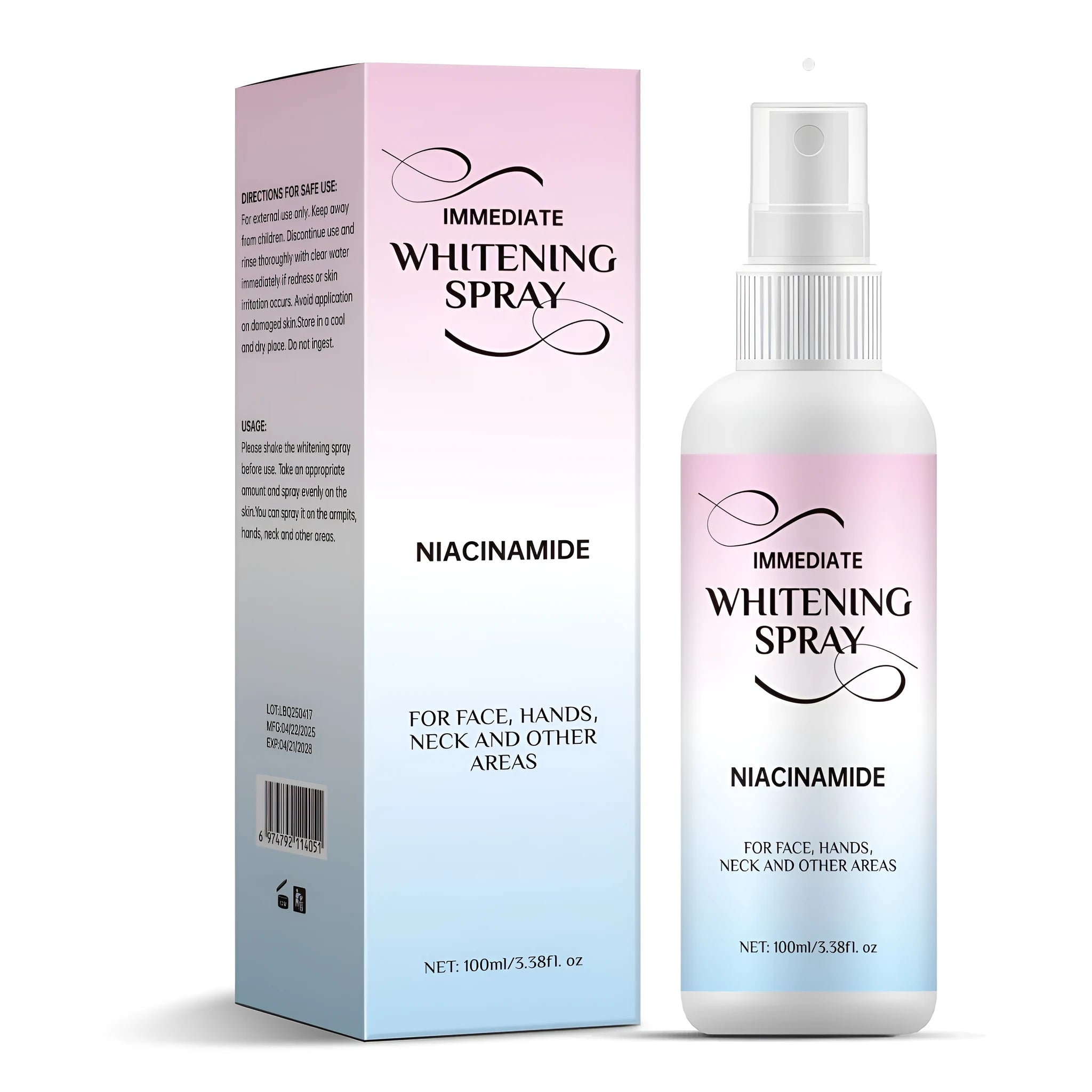 Whitening spray bottle 100ml with sweat-proof formula for skin brightening