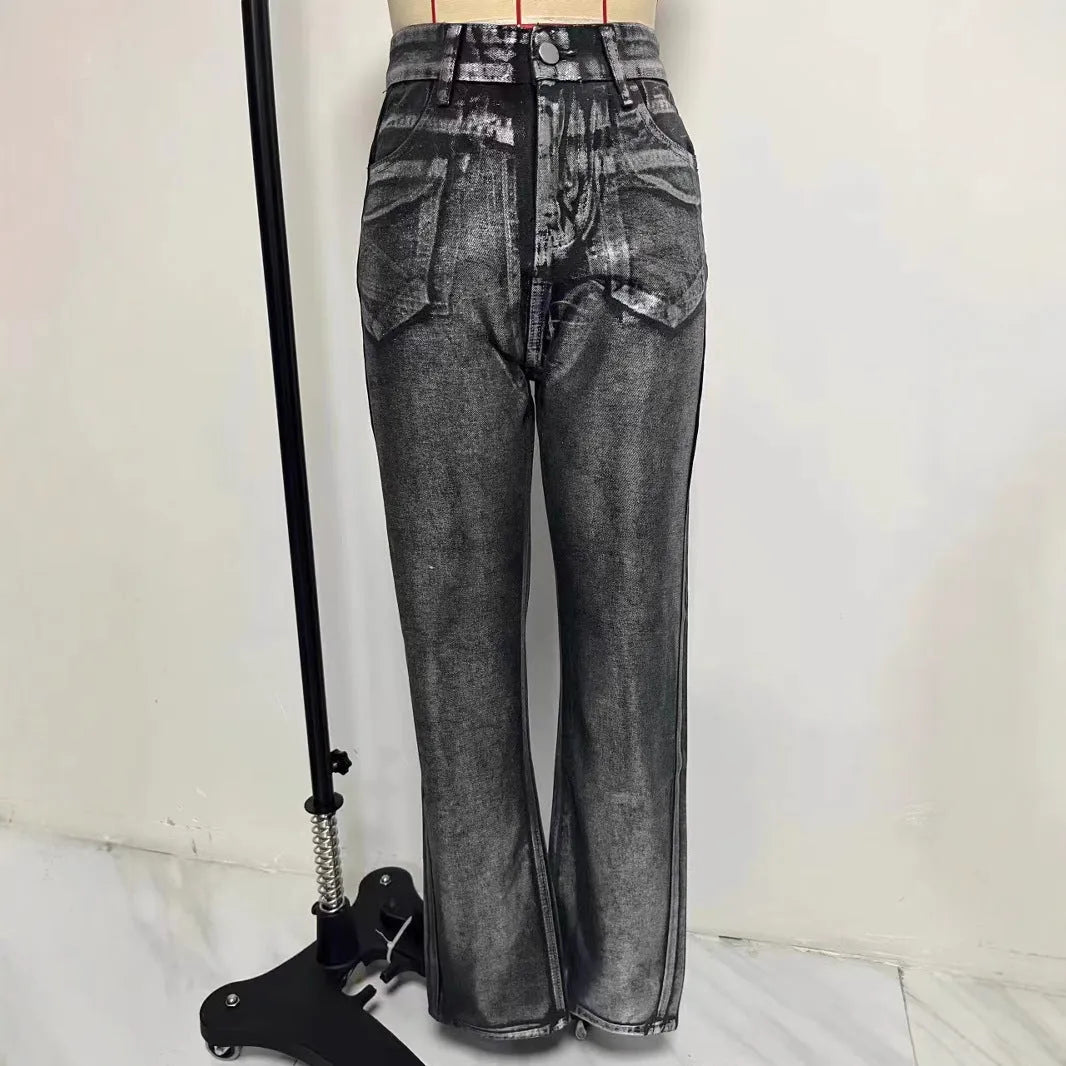 Personality blue high-waist straight-leg jeans with contrast colour details on cotton denim fabric
