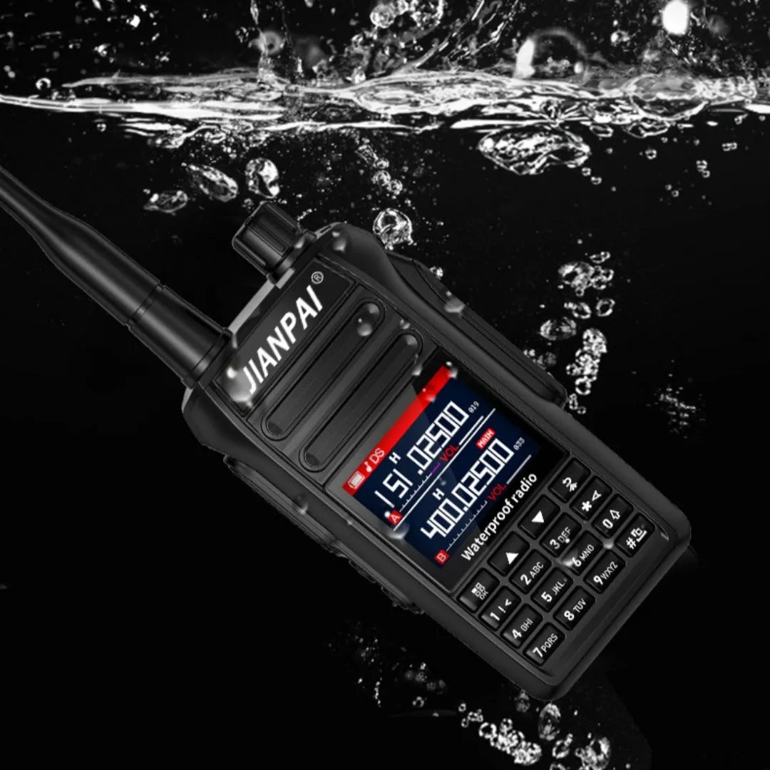 Black Interphone waterproof aviation headset with plastic shell, antenna, battery, back clip, charger, cable, and accessories