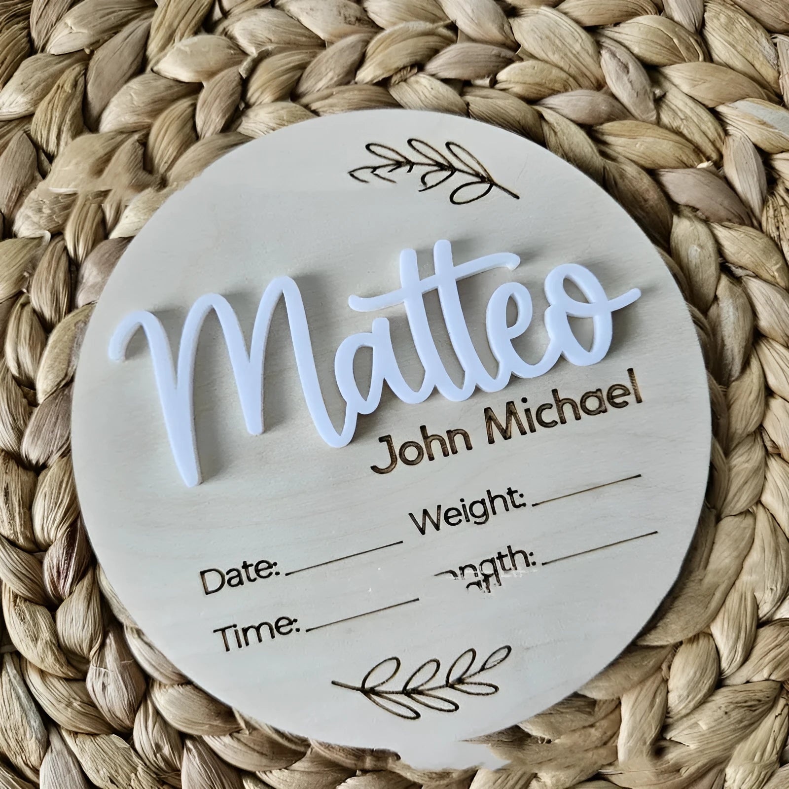 Square wooden baby name plaque showing birth information, 15 cm wide