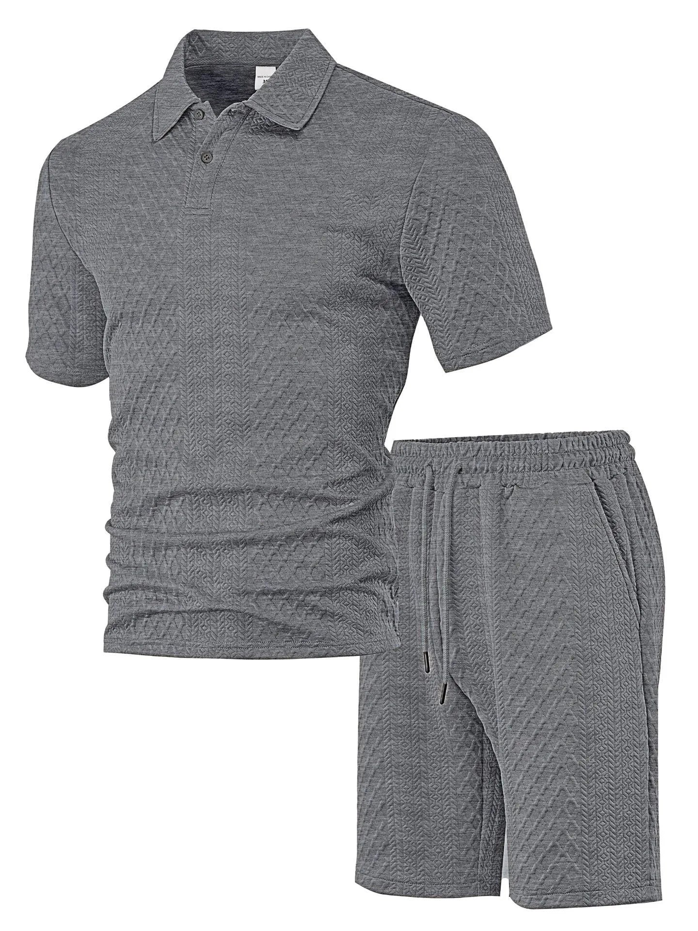 Men's casual short sleeve polo suit with matching trousers in polyester figure cloth, showing colour options.