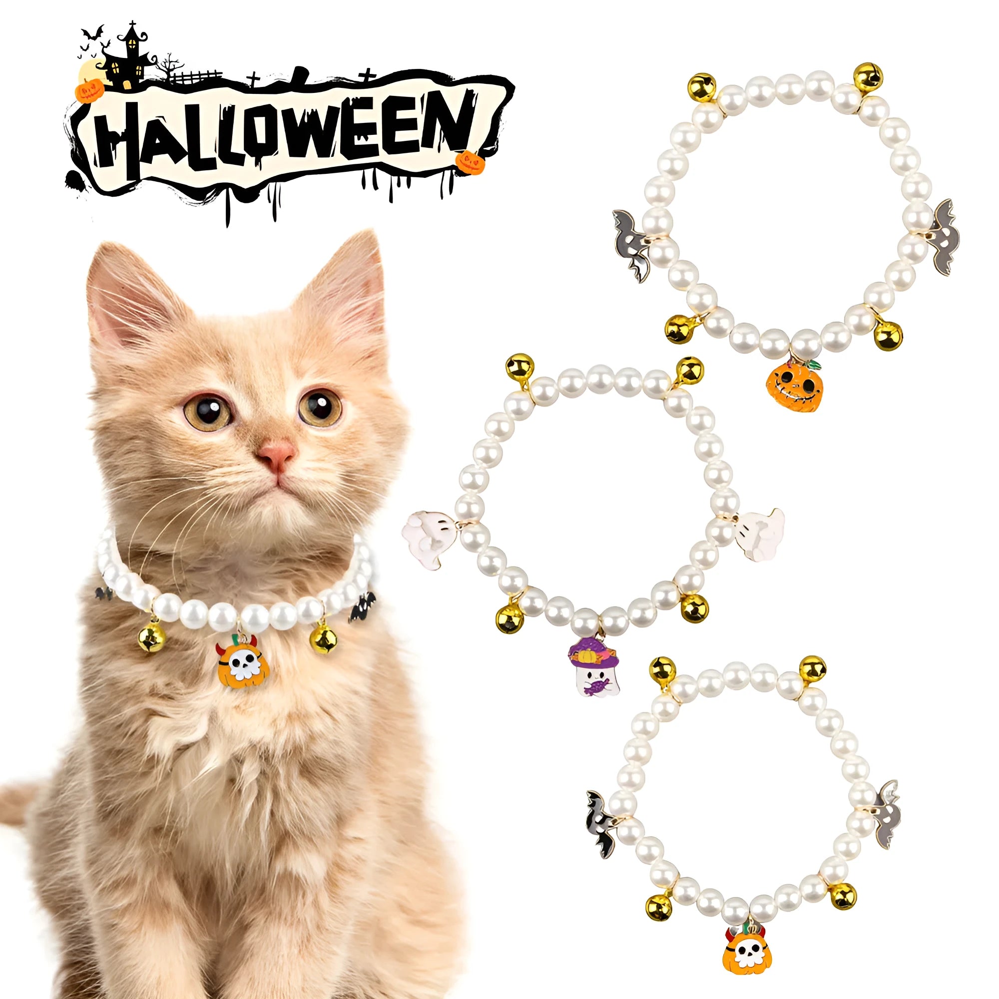 Halloween cat collar with simulated pearl necklace and purple ghost pumpkin ornament