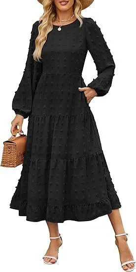Women's beige long sleeve casual dress with ruffled sleeves and a high waist, shown on a hanger.