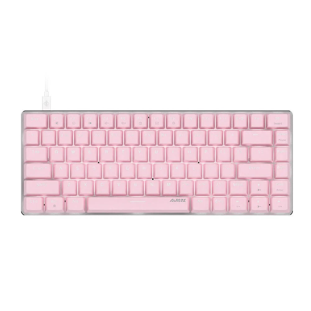 Pink mechanical keyboard with 82 keys and white backlight illumination on metal frame