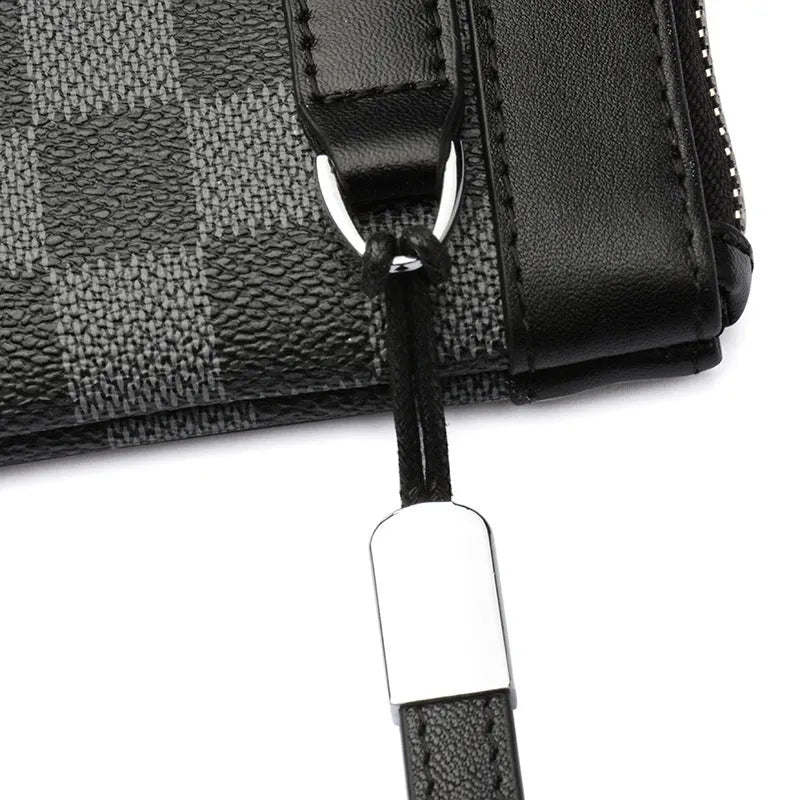 Black men's cowhide leather clutch wallet showing plaid design and 20 x 10 cm dimensions