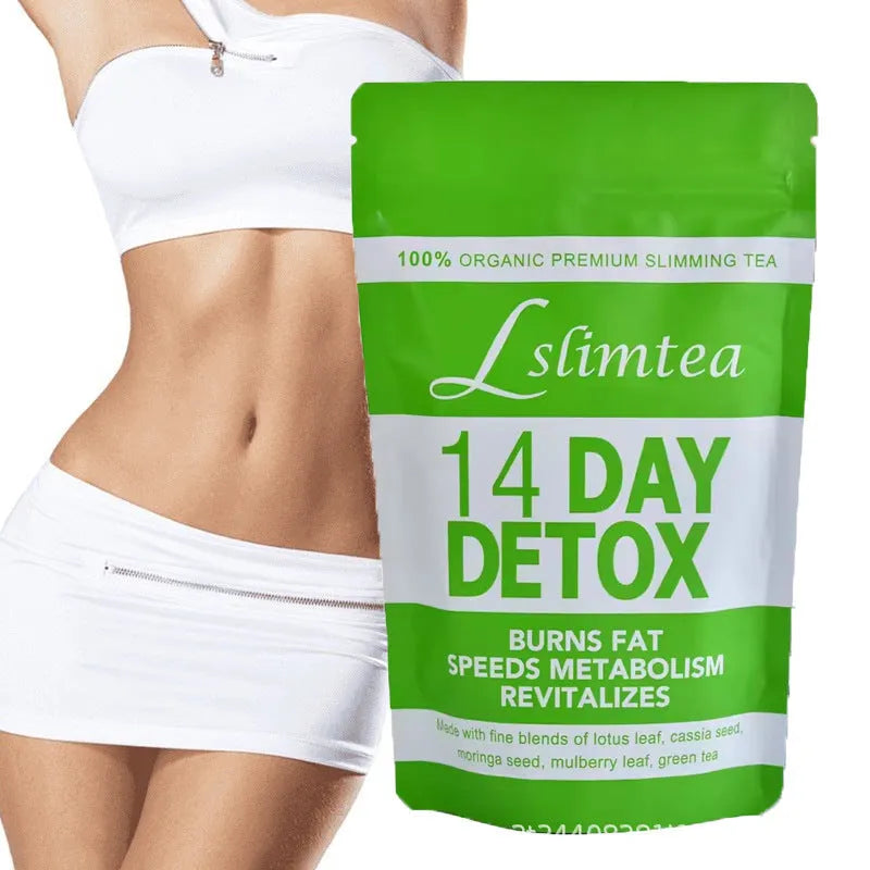 Box of 14-day herbal detox tea with 14 individual 3g sachets showing total 42g weight