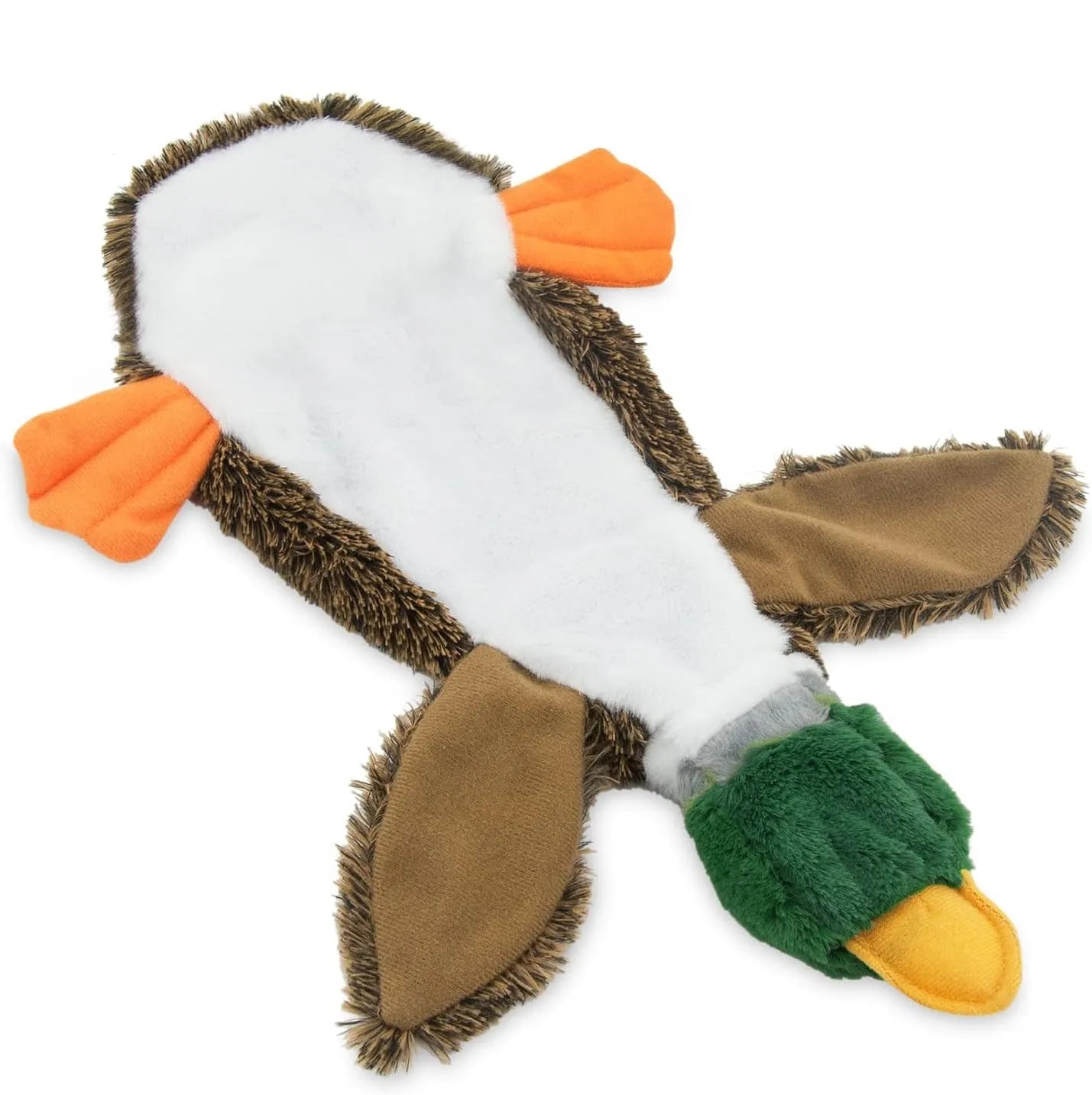 Green stuffless dog toy shaped like a wild duck with two squeakers and bottle cavity opening