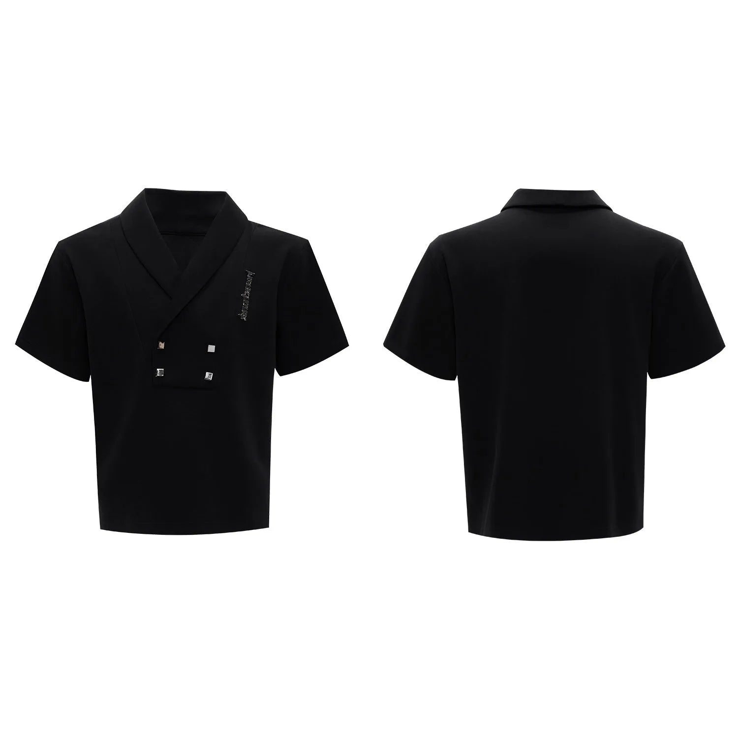 Men's dark grey cotton sports suit with metal embellishments, V-neck padded shoulders, short sleeves, and matching shorts