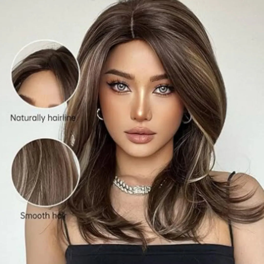 Mid-length platinum gradient colour wig with long curly hairstyle and bangs