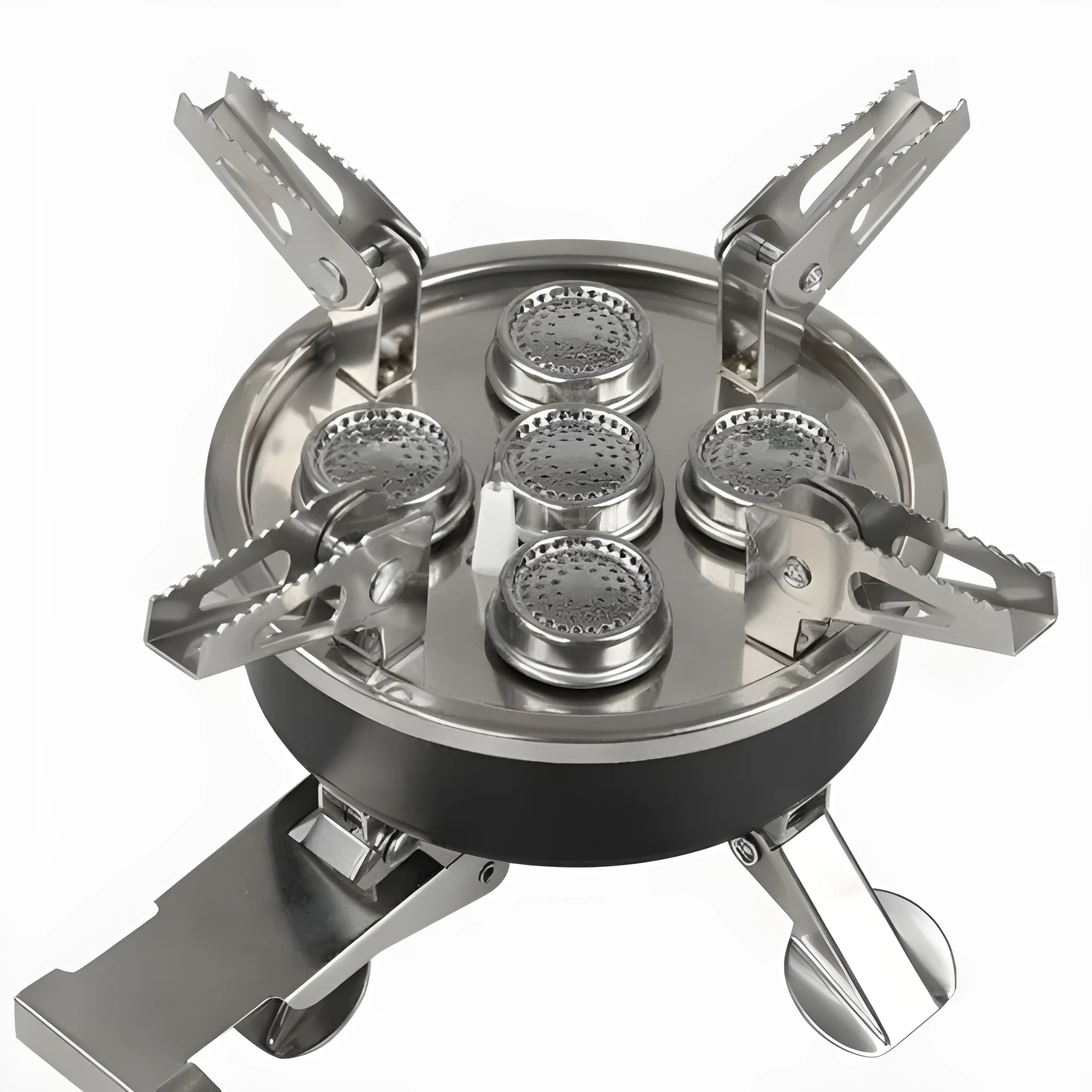 Silver foldable stainless steel split camping stove with a hose, shown with dimensions 155mm by 125mm.