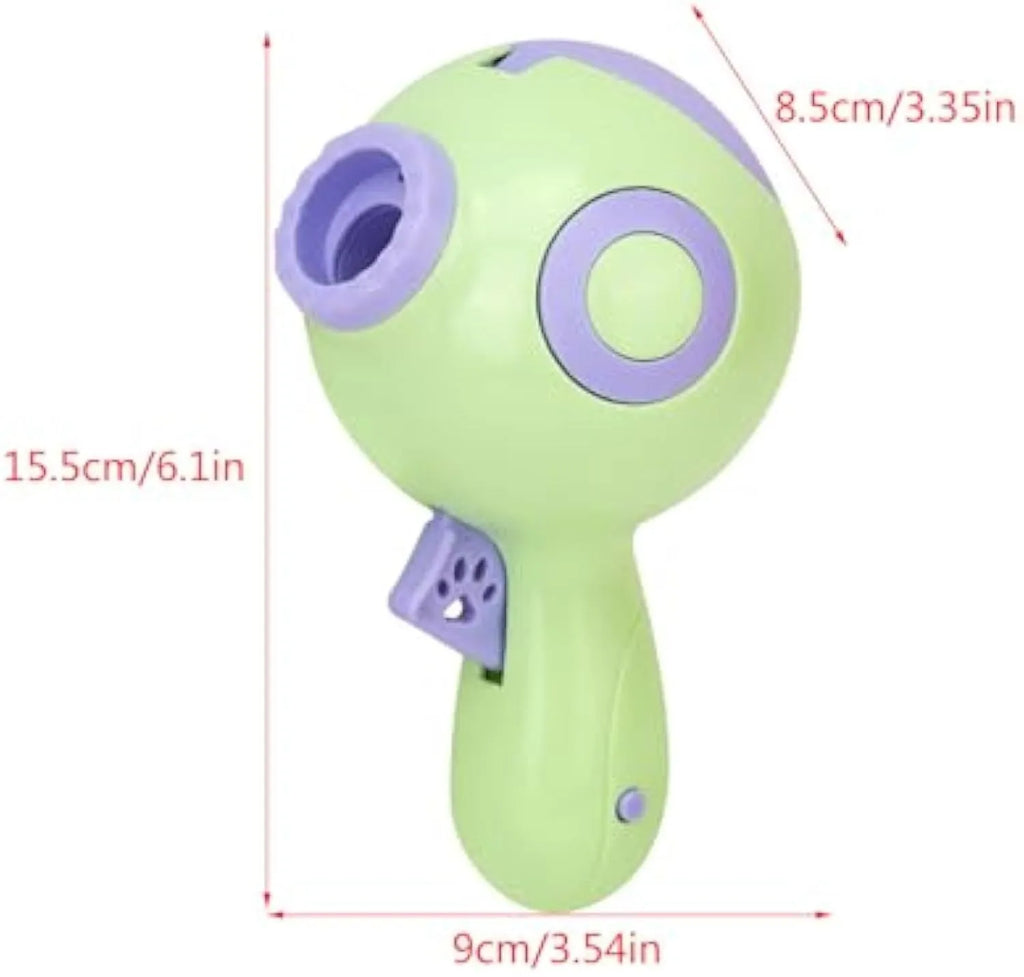 Dog treat launcher toy in green, orange, or pink colours measuring 15.5 x 9 x 8.5 cm