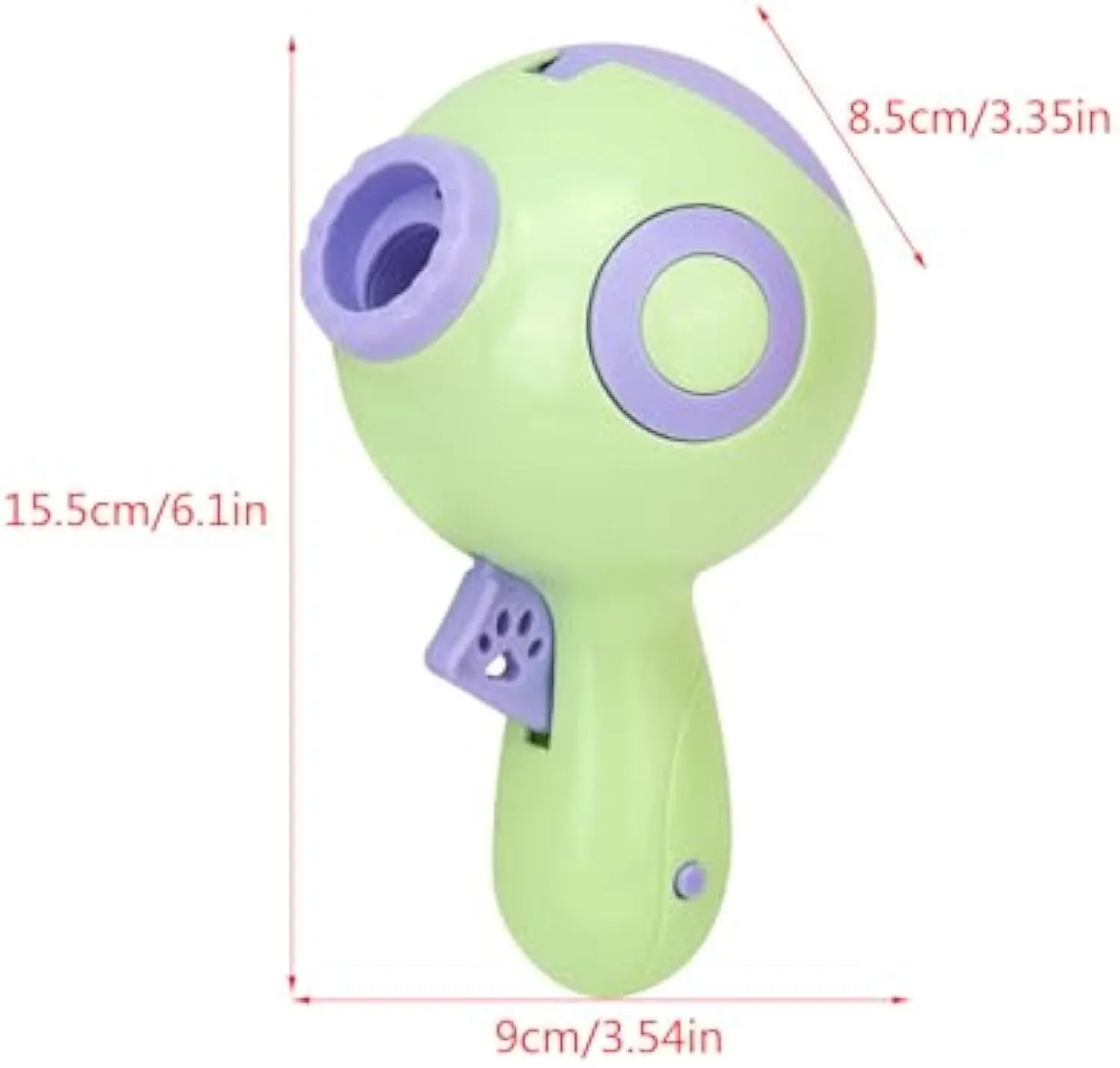Dog treat launcher toy in green, orange, or pink colours measuring 15.5 x 9 x 8.5 cm
