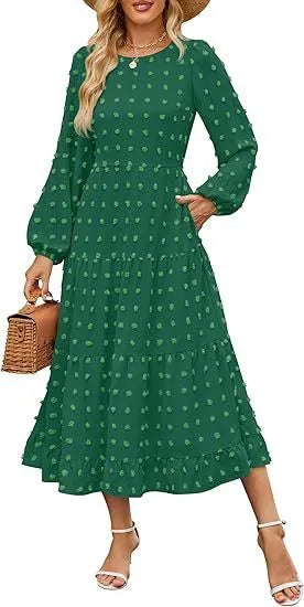 Women's beige long sleeve casual dress with ruffled sleeves and a high waist, shown on a hanger.