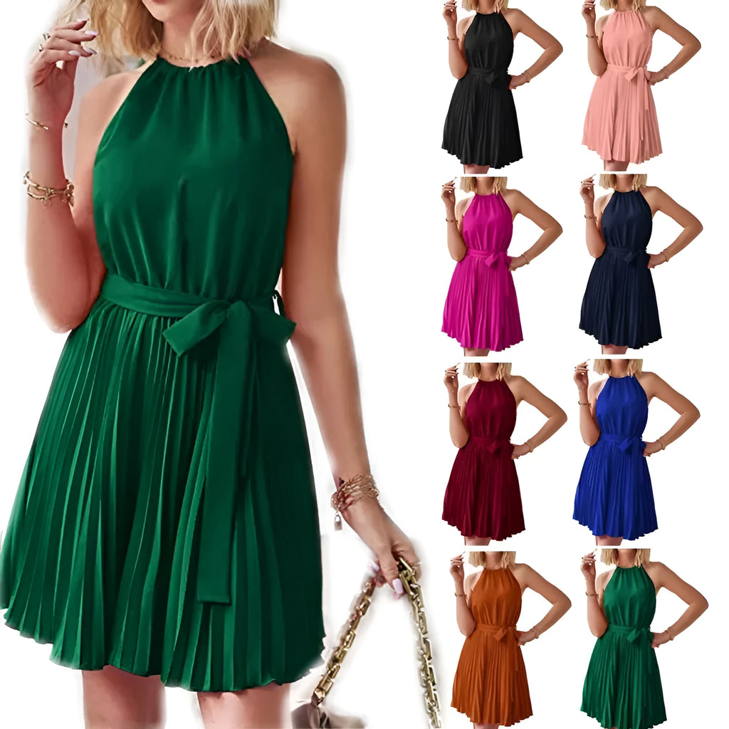 Women's black halter neck strapless dress with pleated midi skirt and waist belt