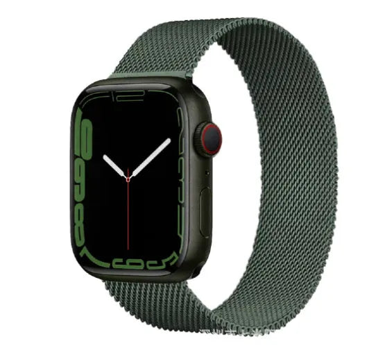 Stainless steel metal watch strap replacement band in silver, black, gold, and rose gold colours.