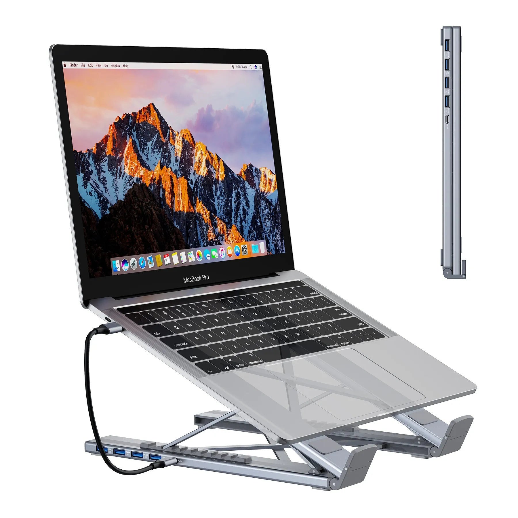 Aluminium alloy folding laptop docking station stand in 8-in-1 and 5-in-1 styles with HDMI port.