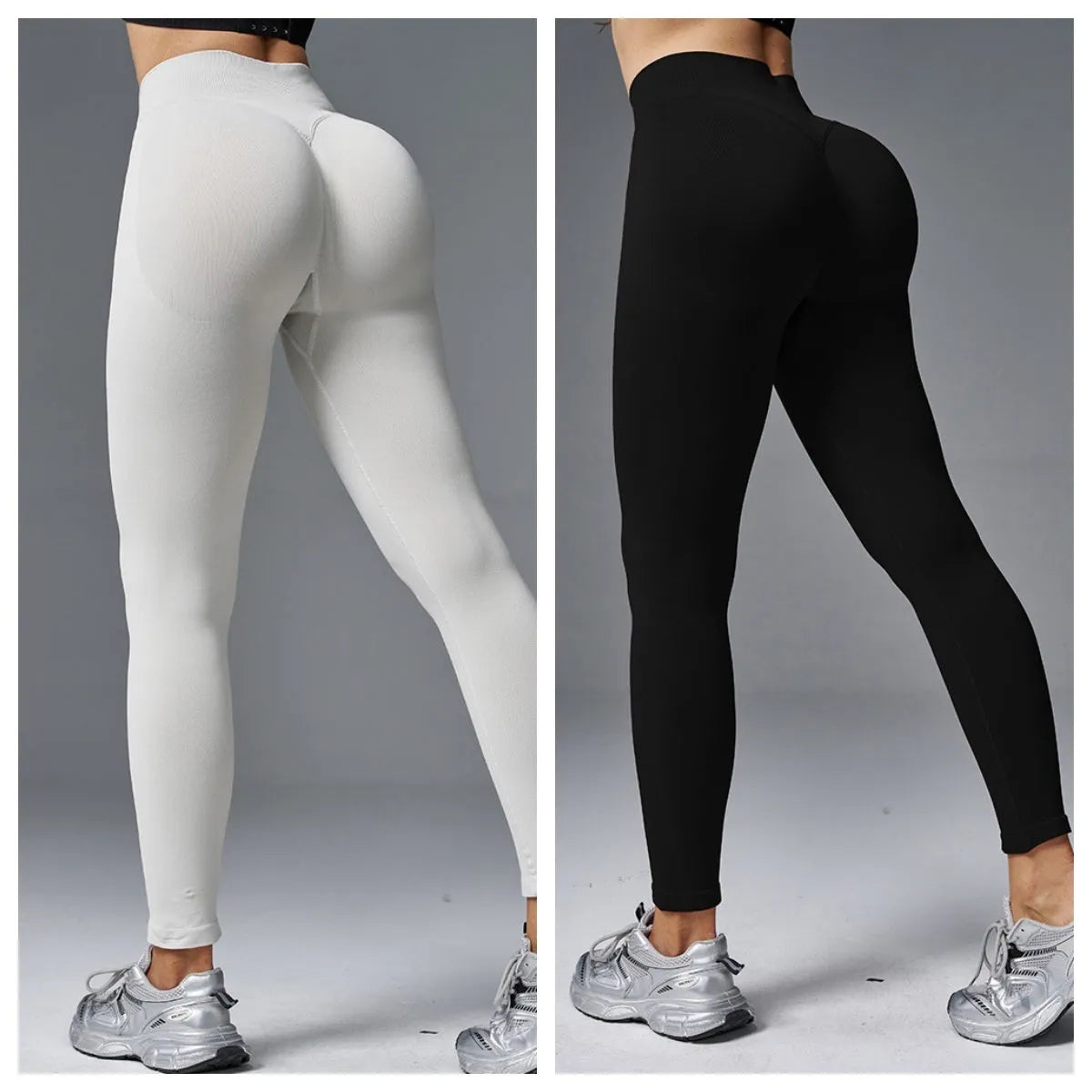 Woman wearing peach-coloured tight mid-waist yoga pants with a hip-lifting fit.