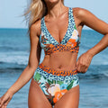 Women's floral print high-waist bikini swimsuit set in polyester.