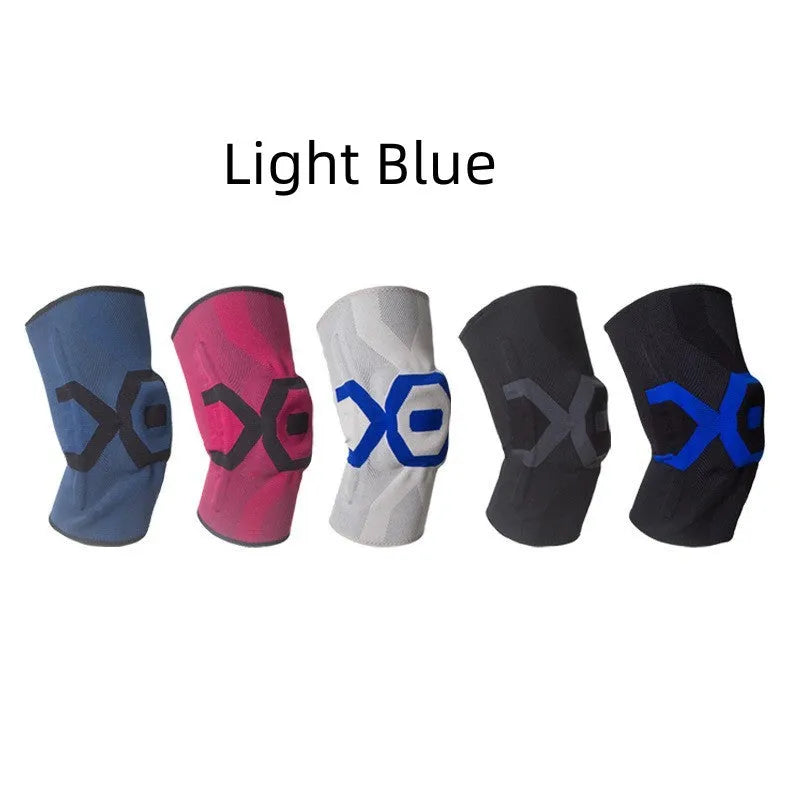 Men's silicone knee pad for sports protection in a two-tone colour, shown on a knee.