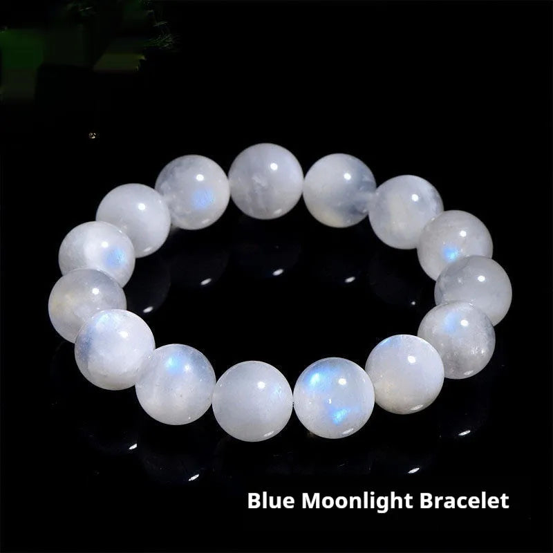 Blue moonlight polished moonstone bead bracelet with round beads in geometric arrangement