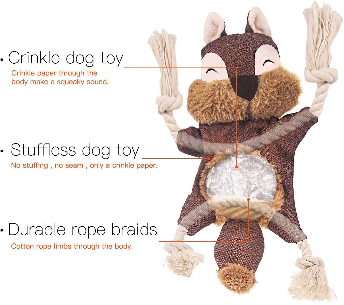 Brown fox-shaped dog toy with squeaker, crinkle paper, cotton rope limbs, and embroidered eyes