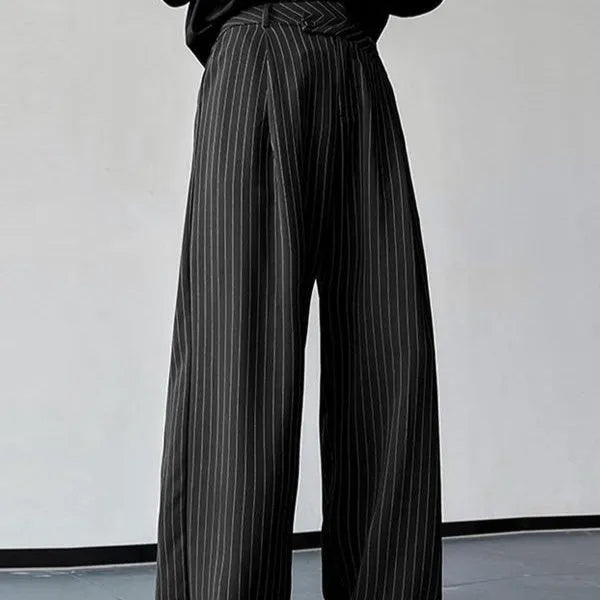 Black men's trousers with vertical stripes and front pleats in rabbit hair bamboo fibre fabric