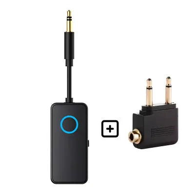 Black Bluetooth 5.4 audio adapter with a 3.5mm plug for wireless car and home stereo connectivity.