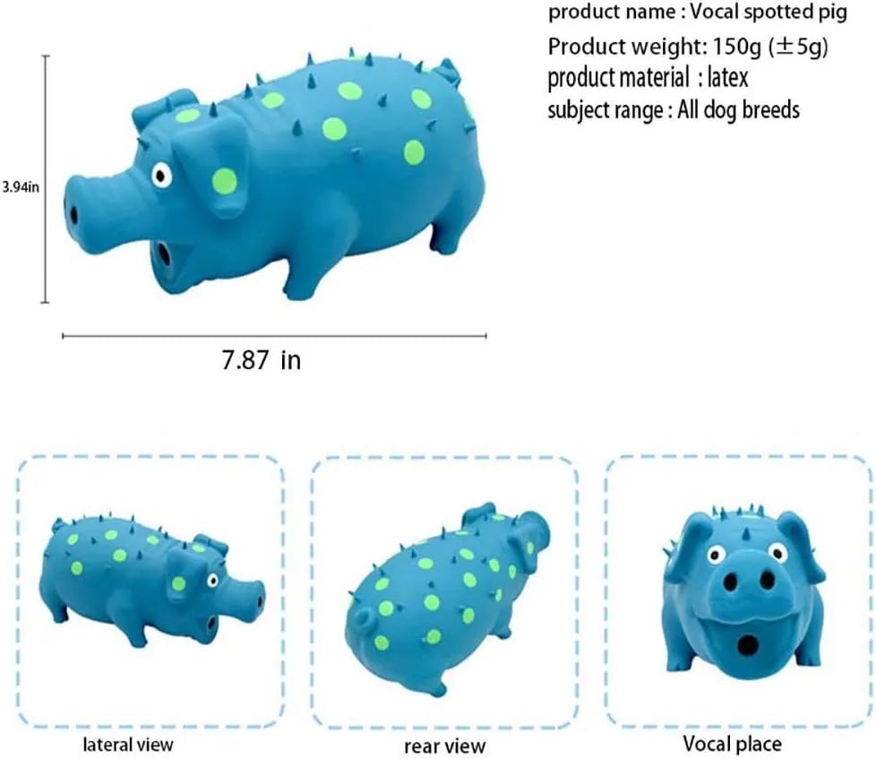 Blue latex pig-shaped dog chew toy with textured surface and squeaker inside.