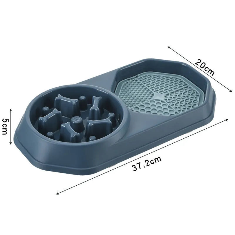 Blue slow feeder dog bowl with puzzle ridges and non-slip base for small medium dogs.