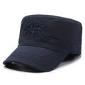 Men's adjustable cotton flat-top peaked cap in multiple colours showing dome crown and peak design