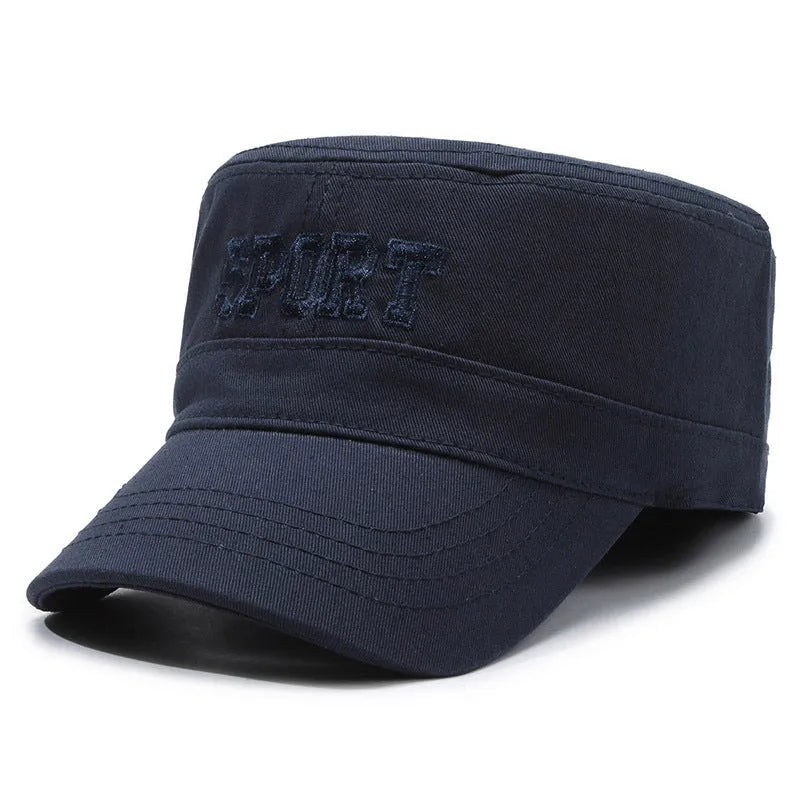 Men's adjustable cotton flat-top peaked cap in multiple colours showing dome crown and peak design