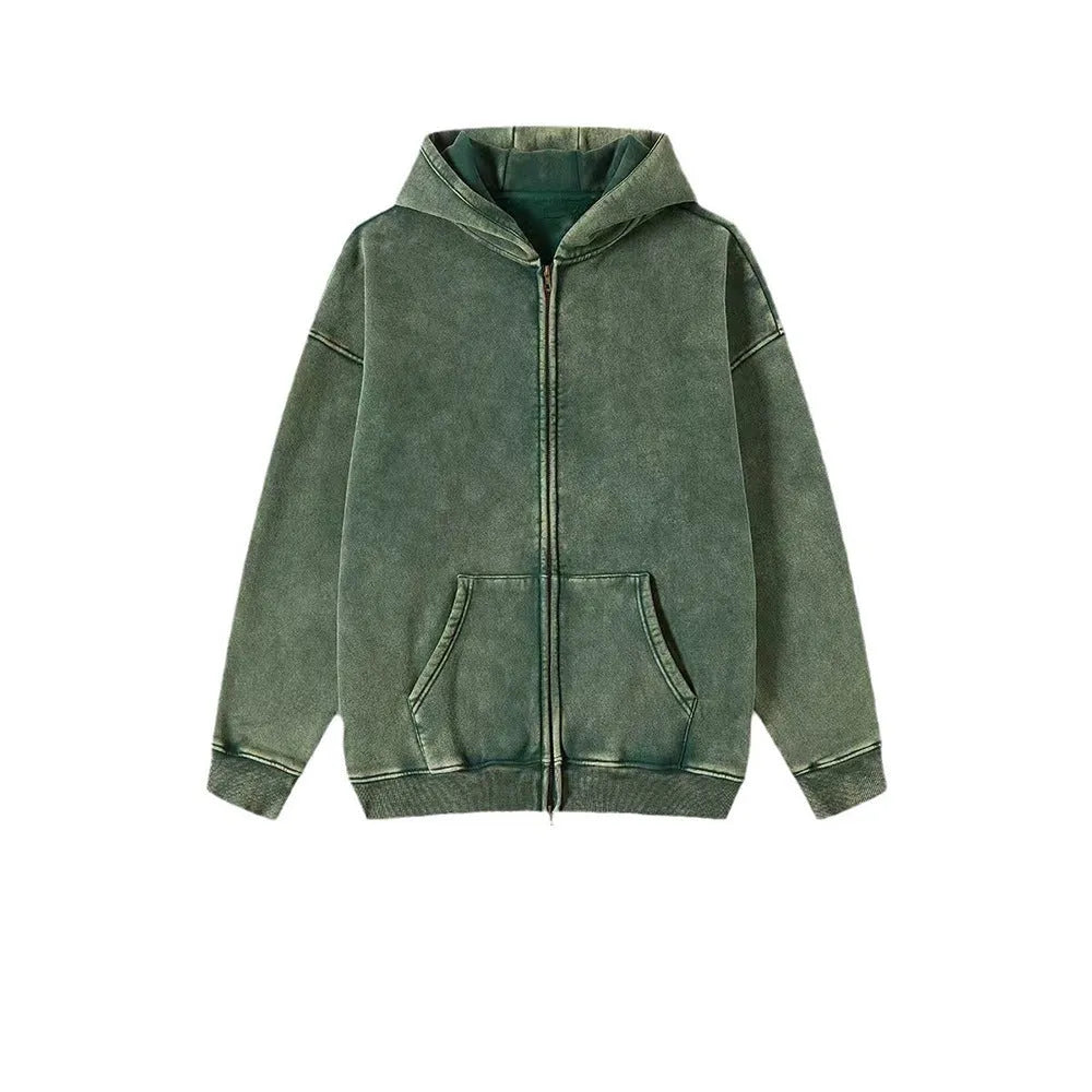 Men's washed black hooded cardigan with double zipper and fleece lining in vintage cotton style