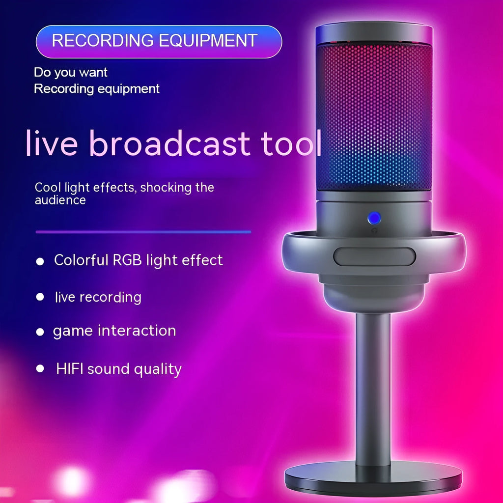 USB condenser microphone with RGB lighting in black, white or pink colours for live broadcast streaming