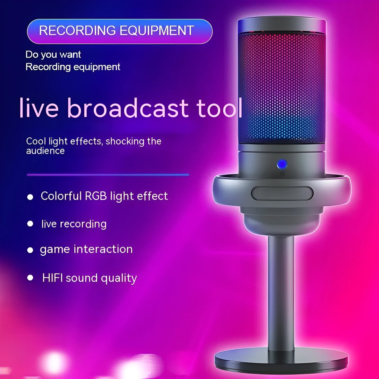 USB condenser microphone with RGB lighting in black, white or pink colours for live broadcast streaming