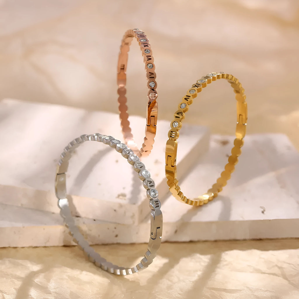 Korean style titanium steel men's bracelet with number design in gold, rose gold, or steel colour.