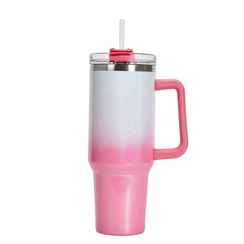 Large stainless steel vacuum insulated cup in a gradient colour option showing its height and simple style.