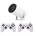 White Barrel X10 PLUS portable smart HD projector with gamepad and remote control on a table.