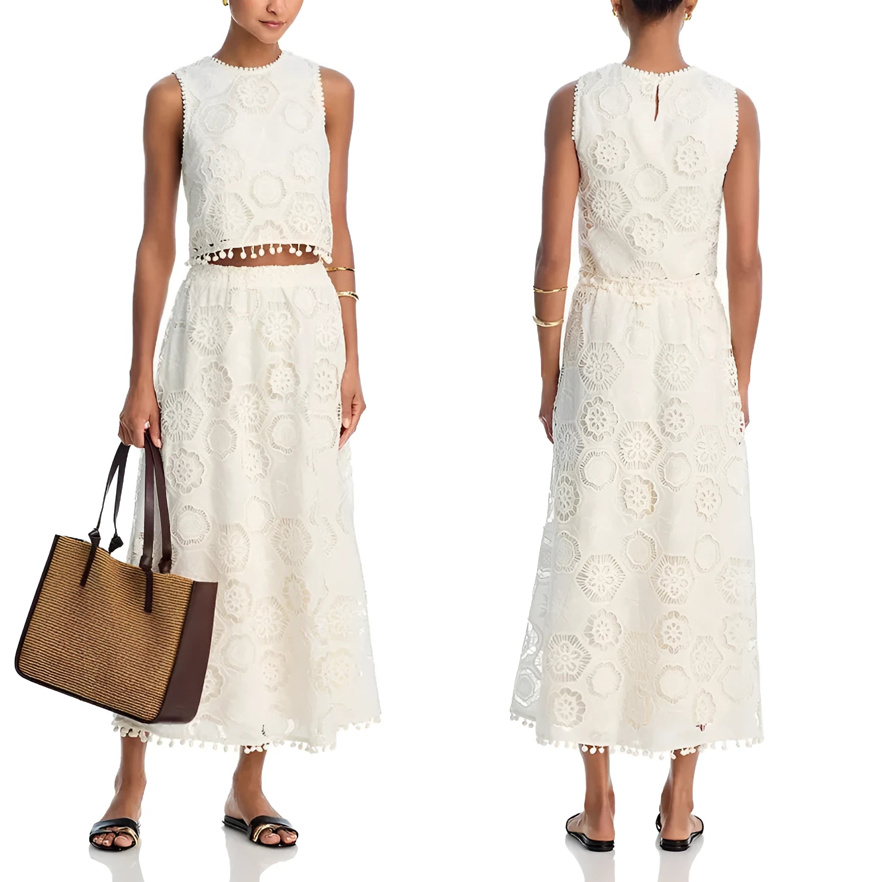 Women's white two-piece suit set with sleeveless top, long skirt, and retro embroidery detail