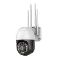Outdoor dome surveillance camera with 360-degree rotation showing mobile control interface