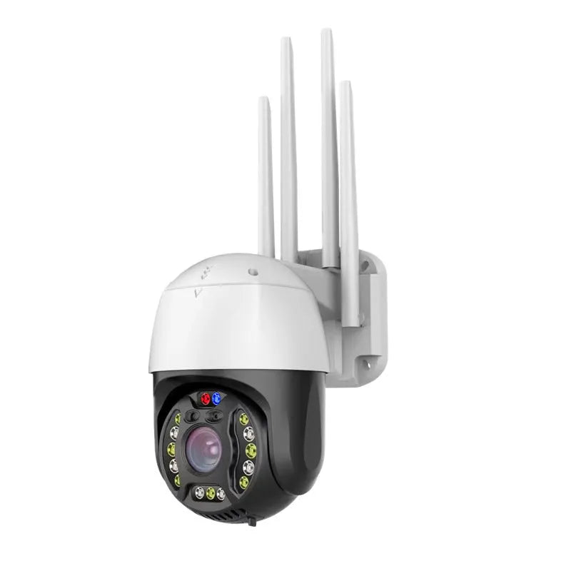 Outdoor dome surveillance camera with 360-degree rotation showing mobile control interface