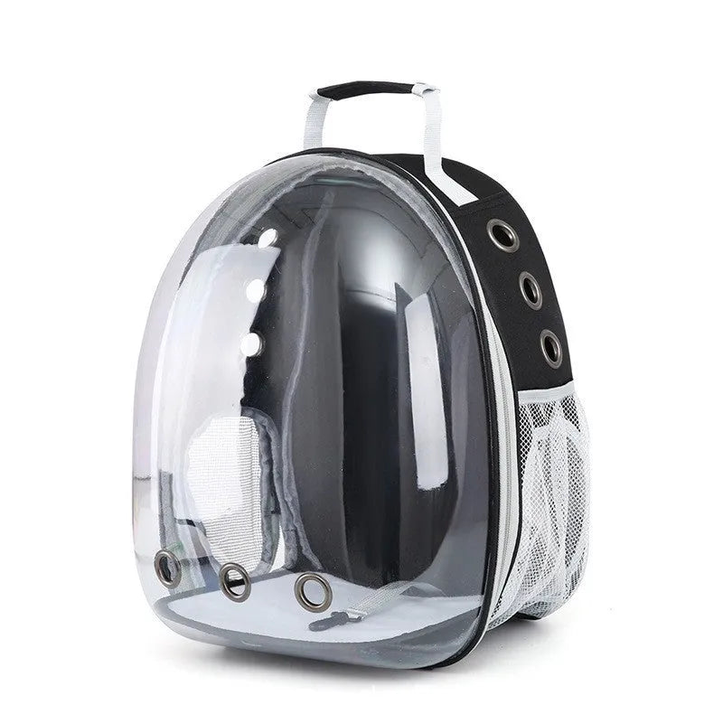 Grey PC astronaut-style pet carrier backpack with side-opening door for a cat.